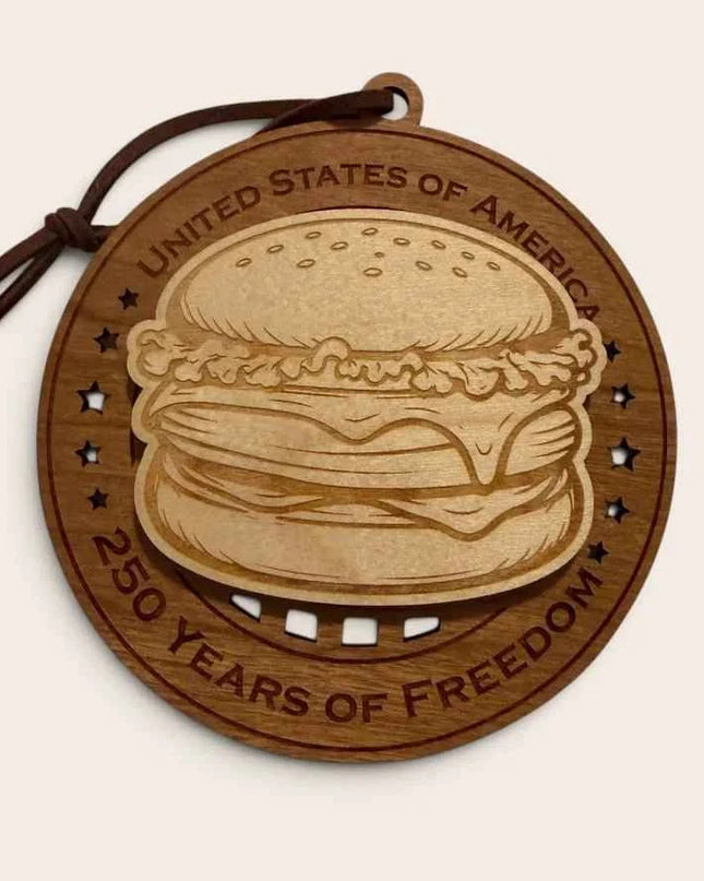 Front view of Cheeseburger 250 Years of Freedom laser cut wood ornament with detailed cheeseburger design