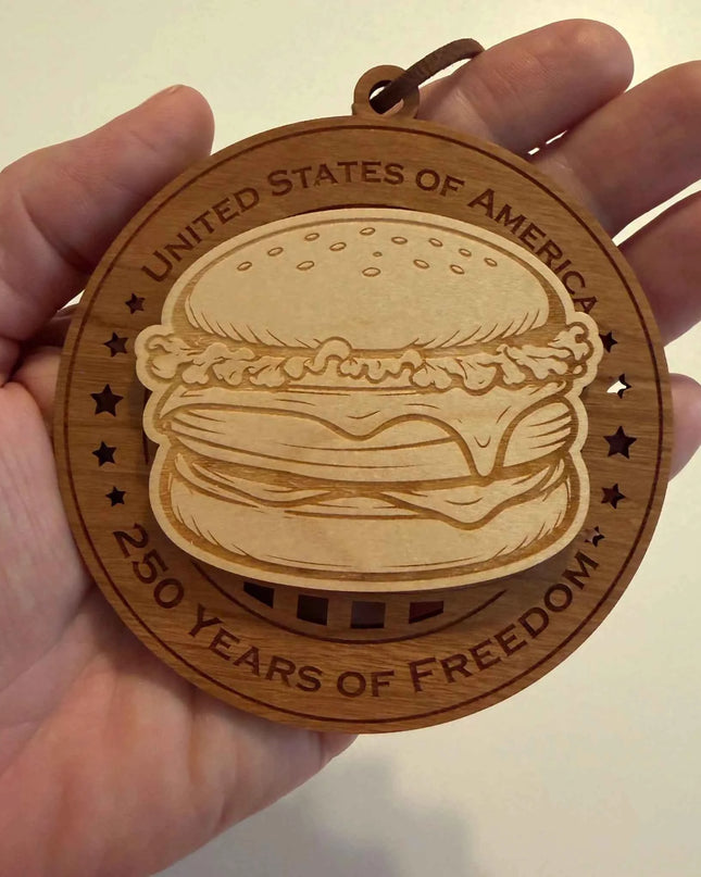 Scaled view of Cheeseburger 250 Years of Freedom laser cut wood ornament with detailed cheeseburger design