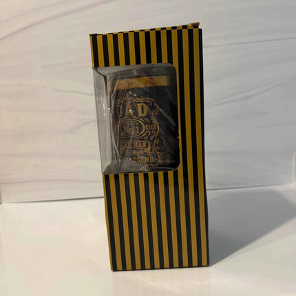Dad Legend powder coated electroplated tumbler displayed in black and gold striped gift box with clear window front