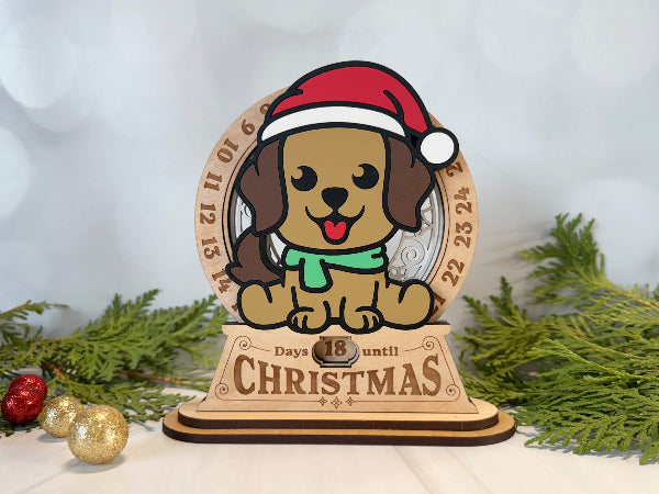 Layered wooden puppy Christmas countdown sign in festive colors