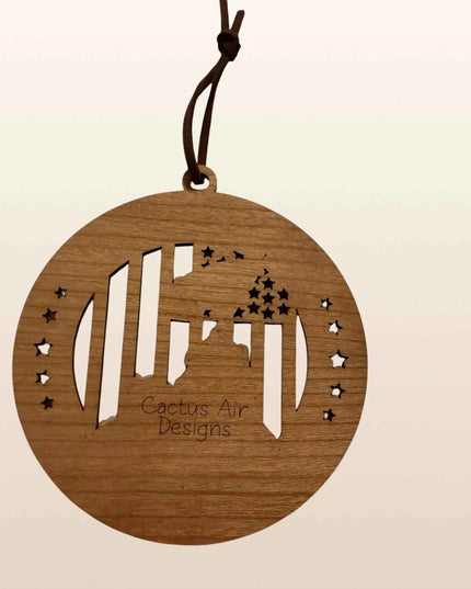 Back of Iwo Jima Flag Raising USA 250th anniversary wood ornament showing cherry plywood layer and Cactus Air Designs branding
