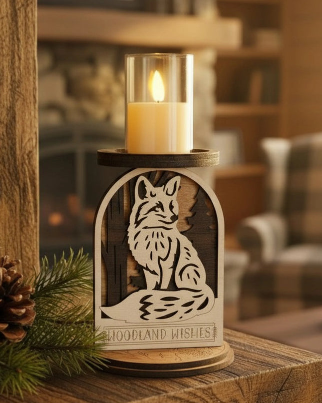 Layered wood woodland fox candle holder with LED candle lit on a rustic wood cabin surface with pine branches and pine cones