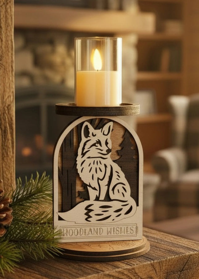Layered wood woodland fox candle holder with LED candle lit on a rustic wood cabin surface with pine branches and pine cones