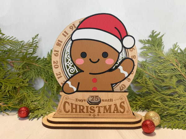 Wooden Christmas countdown stand with gingerbread man design and festive decorations.