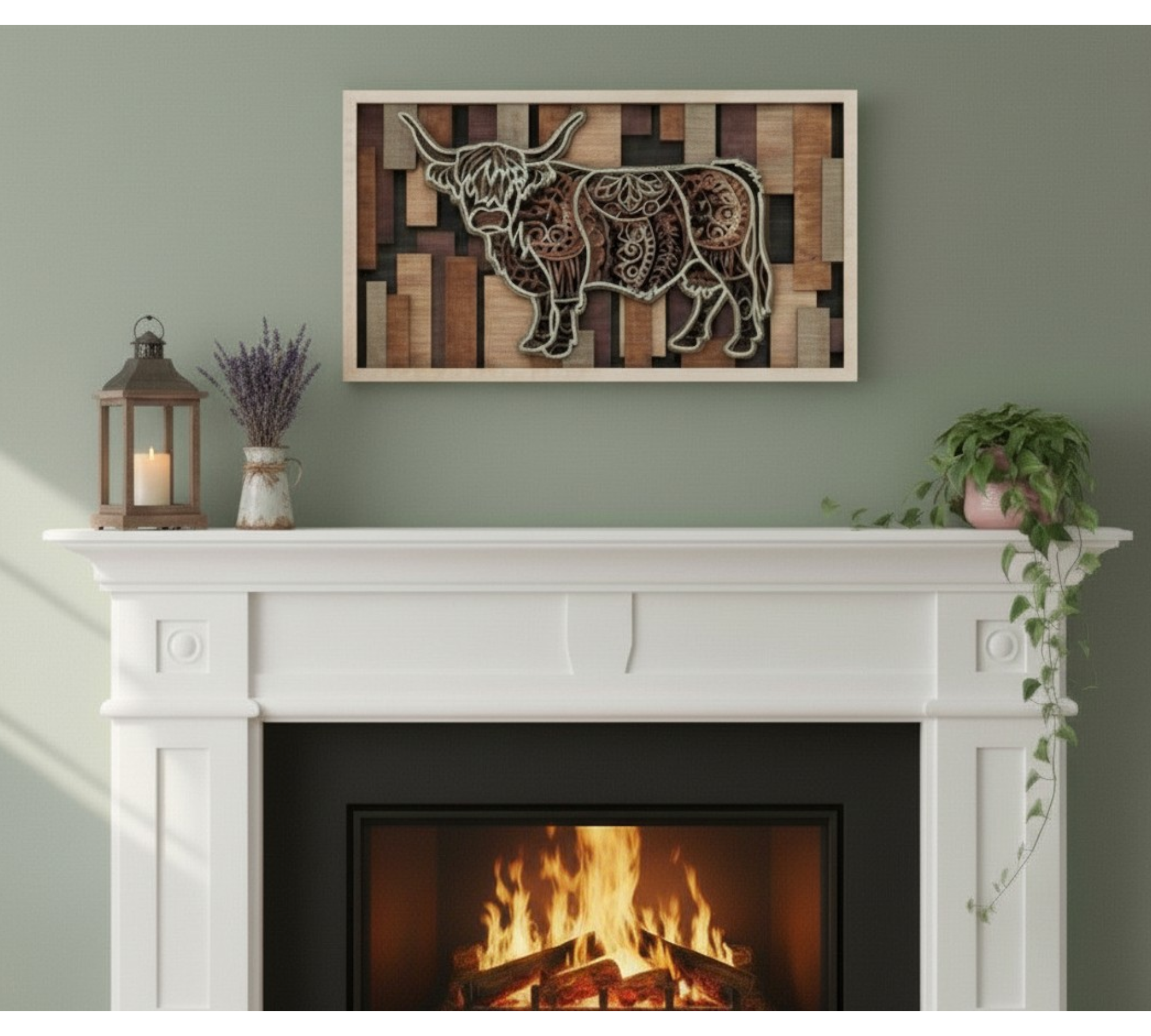 Fireplace with a mantel featuring a decorative highland cow layered wood art, lantern, and plants against a green wall.