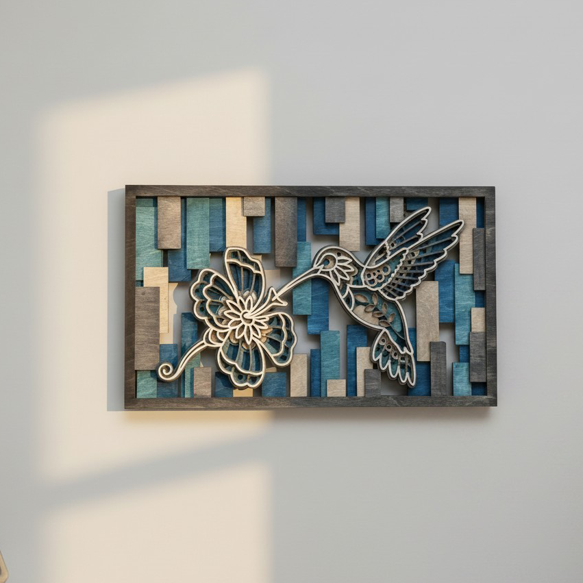 Hummingbird layered wood wall art in blue tones, open back style 
showing depth and dimension through slats, handcrafted by Cactus 
Air Designs