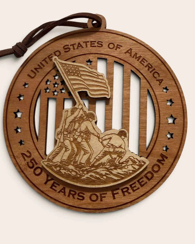Front view of Iwo Jima Flag Raising 250 Years of Freedom laser cut wood ornament showing soldiers raising American flag silhouette