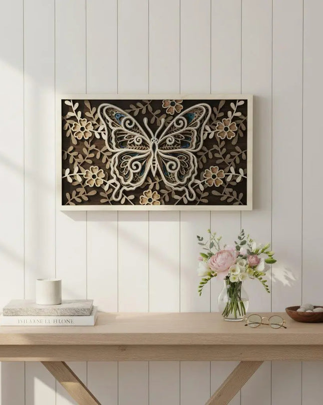 3D layered butterfly wood wall art displayed in a bright airy bedroom with white walls, botanical prints, and soft natural light
