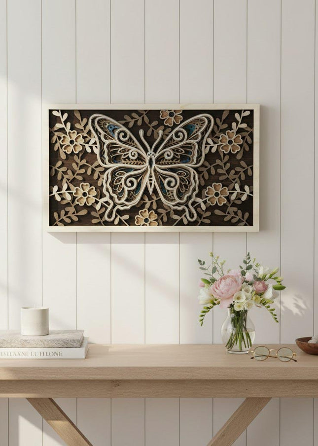 3D layered butterfly wood wall art displayed in a bright airy bedroom with white walls, botanical prints, and soft natural light
