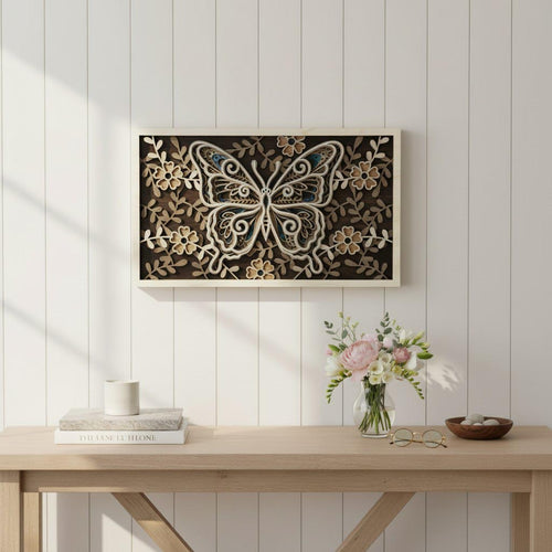 3D layered butterfly wood wall art displayed in a bright airy bedroom with white walls, botanical prints, and soft natural light
