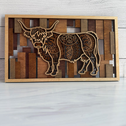 Hero shot of the highland cow in 5 layers with multiple brown tones. 