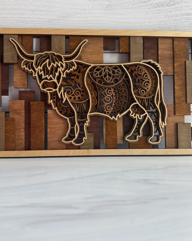 Hero shot of the highland cow in 5 layers with multiple brown tones. 