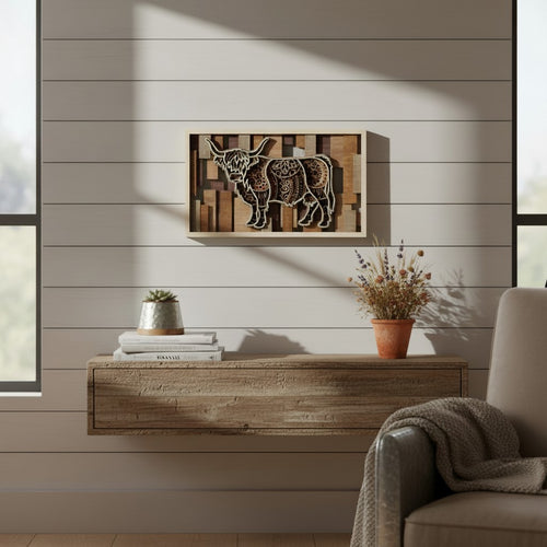 3D layered Highland Cow wood wall art displayed in a warm farmhouse living room setting with rustic wood tones