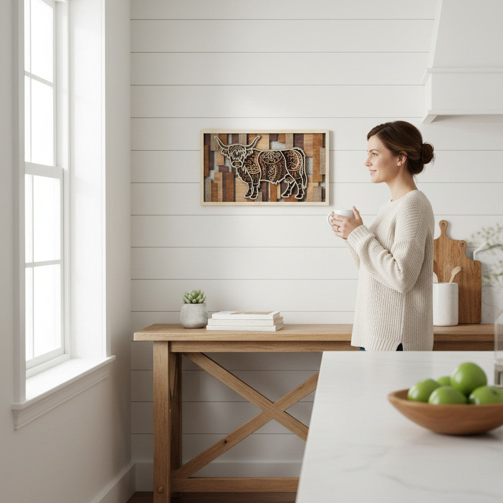 Person by the 3D layered Highland Cow wood wall art on a neutral wall showing the scale of the 18 by 10.5 inch piece