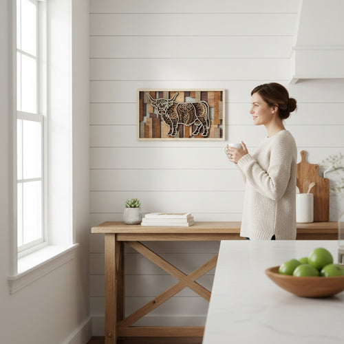 Person by the 3D layered Highland Cow wood wall art on a neutral wall showing the scale of the 18 by 10.5 inch piece