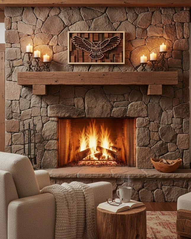 3D layered flying owl wood wall art displayed in a warm, rustic living room setting showing natural hardwood tones