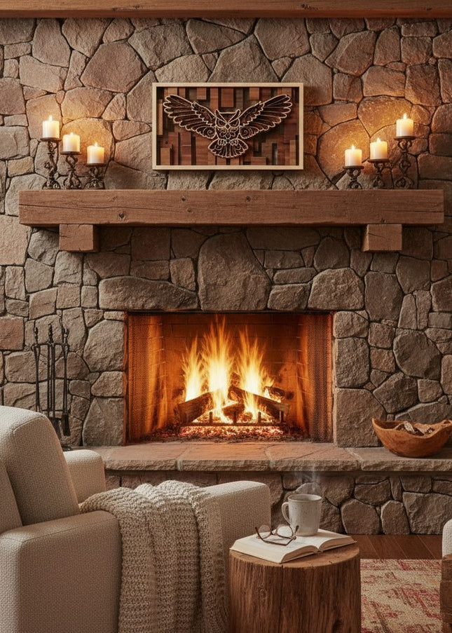 3D layered flying owl wood wall art displayed in a warm, rustic living room setting showing natural hardwood tones
