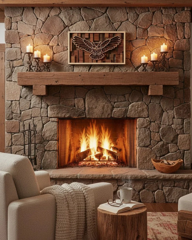 A rustic stone fireplace in a cozy living room, with a wooden mantel, lit candles, a framed wood layered flying owl sign and a warm fire burning inside. Comfortable cream-colored seating and a small wooden side table with an open book and mug are visible in the foreground.