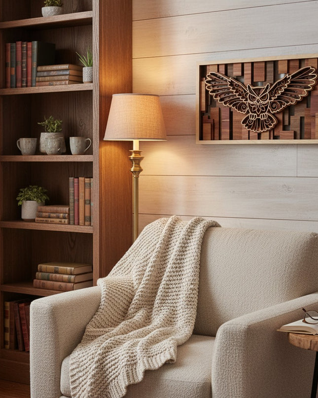 Cozy living room with a bookshelf, lamp, and wall art of an owl.