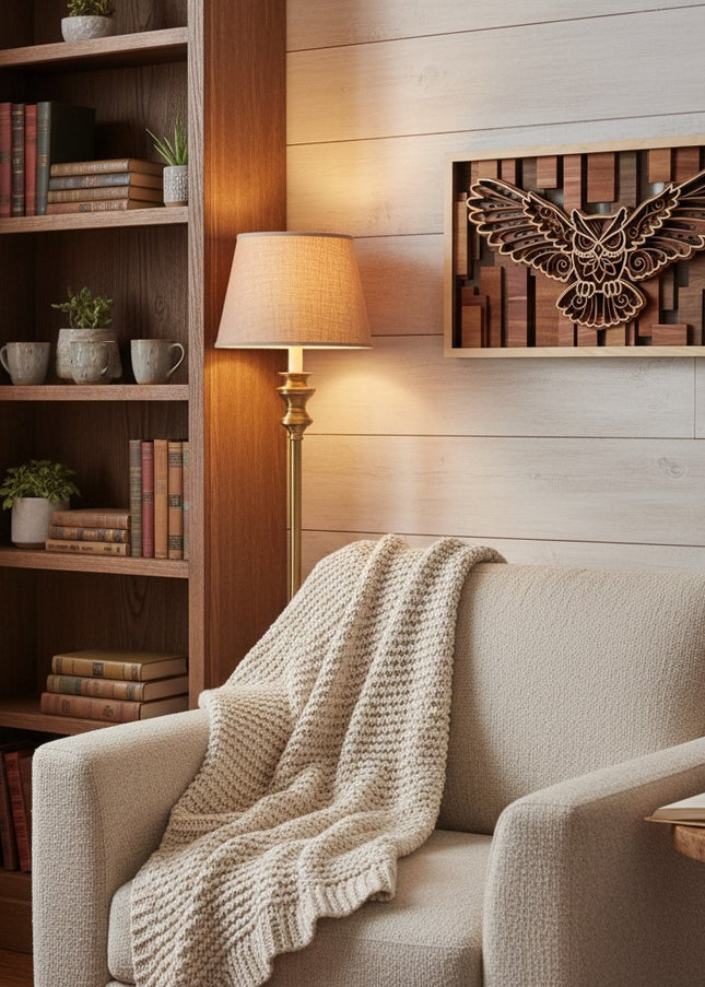 Cozy living room with a bookshelf, lamp, and wall art of an owl.