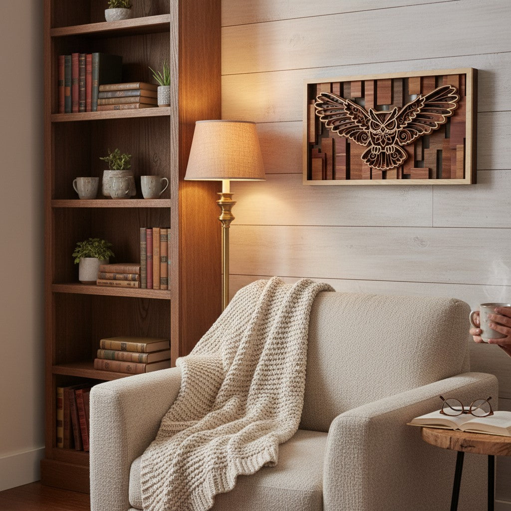 Cozy living room with a bookshelf, lamp, and wall art of an owl.