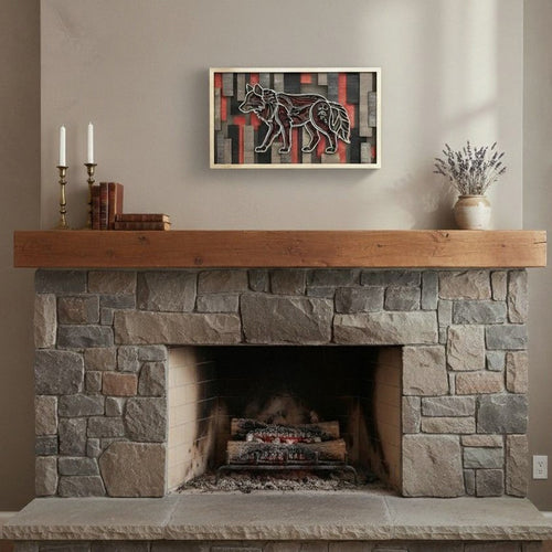 3D layered wolf wood wall art hanging above a rustic stone fireplace with wood mantle, candles, and dried lavender