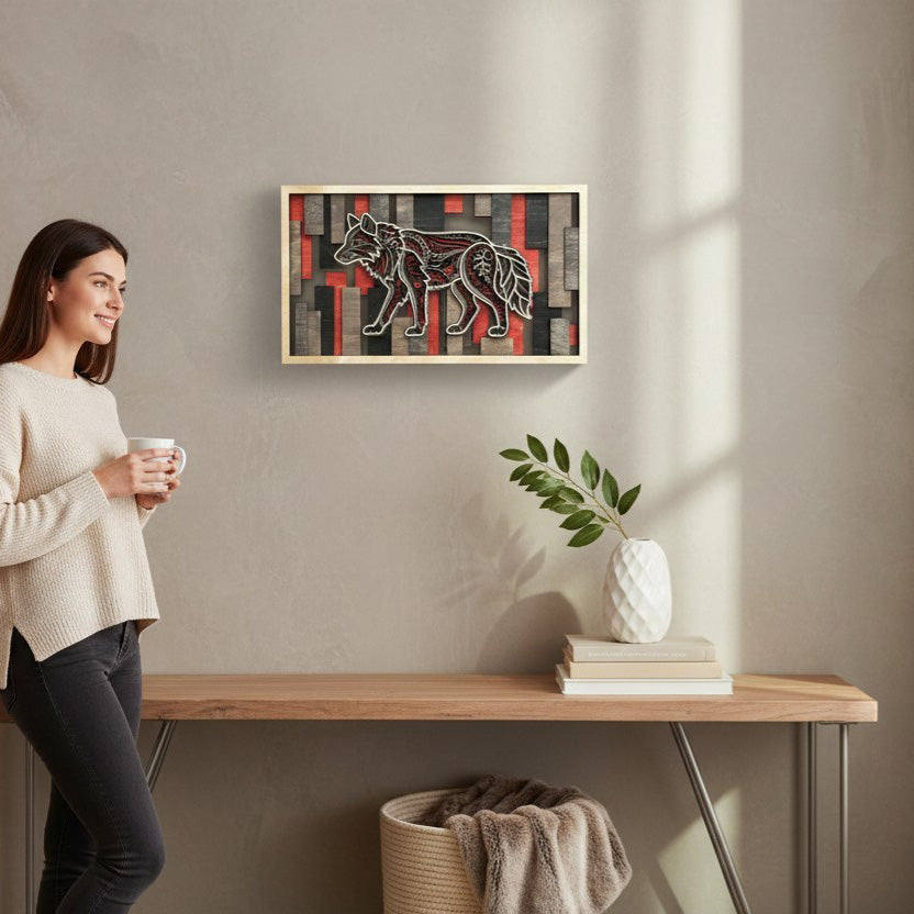 Woman holding coffee mug admiring a 3D layered wolf wood wall art on a gray wall above a wood console table.
