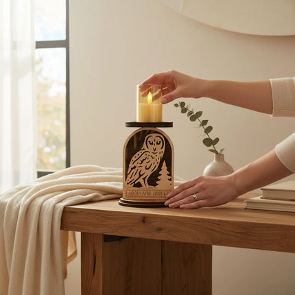 A wooden owl-shaped candle holder on a rustic table, with a hand placing a LED yellow candle on top. The holder features an engraved owl and tree design with the words 'WOODLAND WISHES' at the bottom.