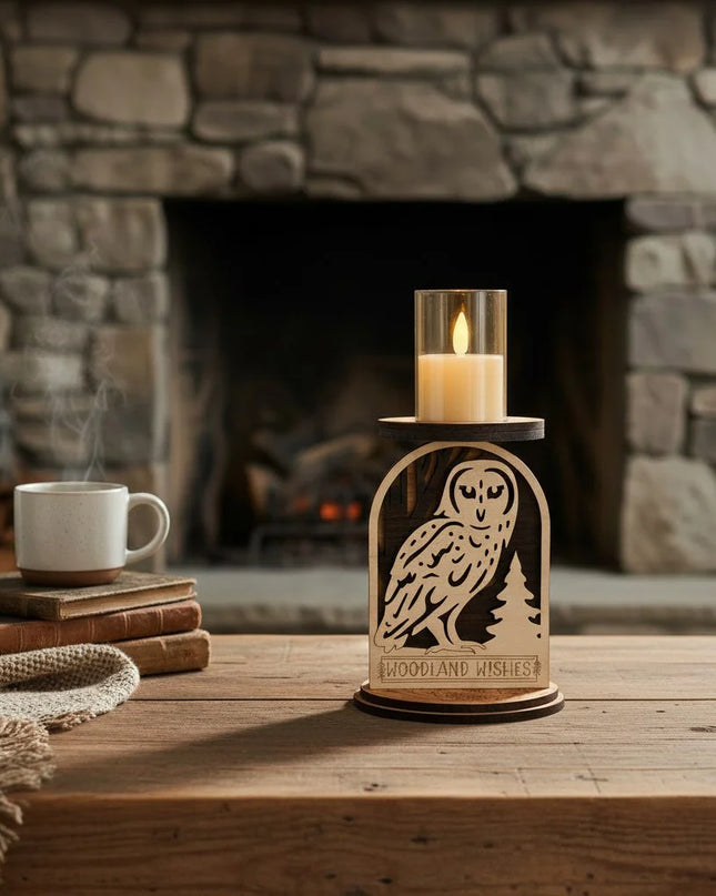 A wooden owl-shaped candle holder with a clear glass LED candle on top, placed on a rustic wooden table in front of a stone fireplace. The holder has a cutout owl and tree design with the text 'WOODLAND WISHES' at the bottom.