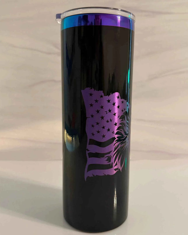 Closeup of laser engraved American flag stars detail on black electroplated tumbler with purple and pink rainbow finish