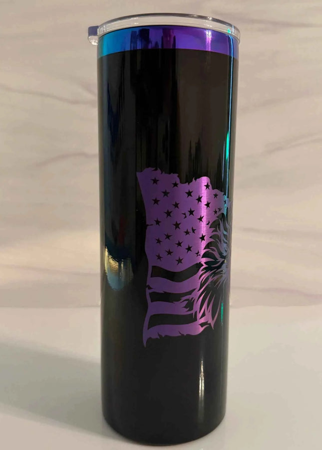 Closeup of laser engraved American flag stars detail on black electroplated tumbler with purple and pink rainbow finish