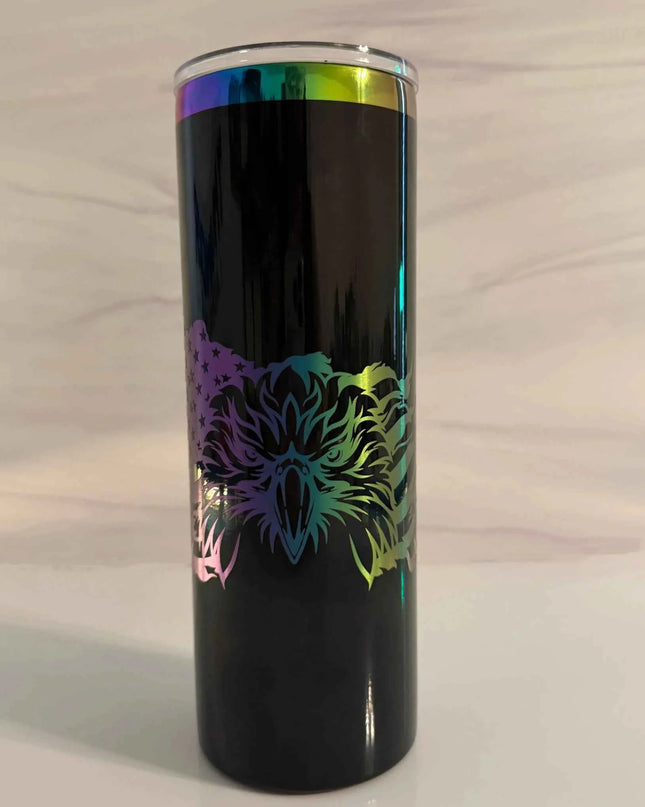 Full front view of black electroplated 20 oz skinny tumbler with laser engraved patriotic eagle and American flag design in rainbow metallic finish

