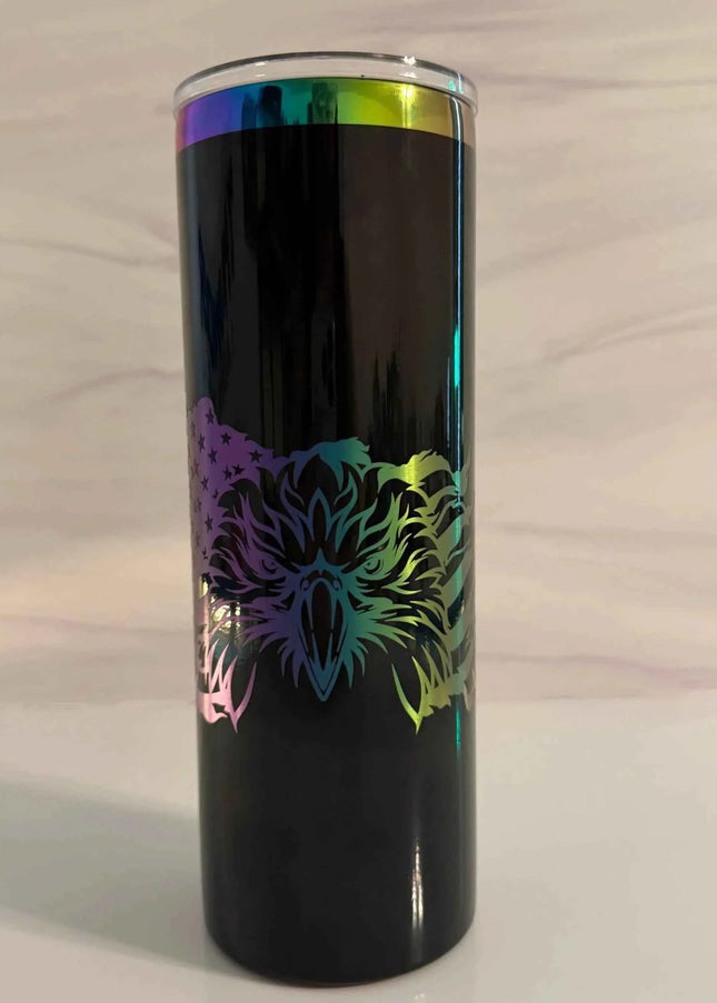 Full front view of black electroplated 20 oz skinny tumbler with laser engraved patriotic eagle and American flag design in rainbow metallic finish

