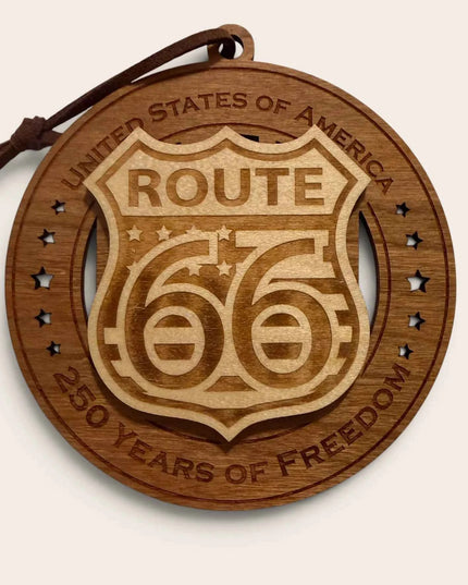 Front view of Route 66 250 Years of Freedom laser cut wood ornament with iconic highway shield design