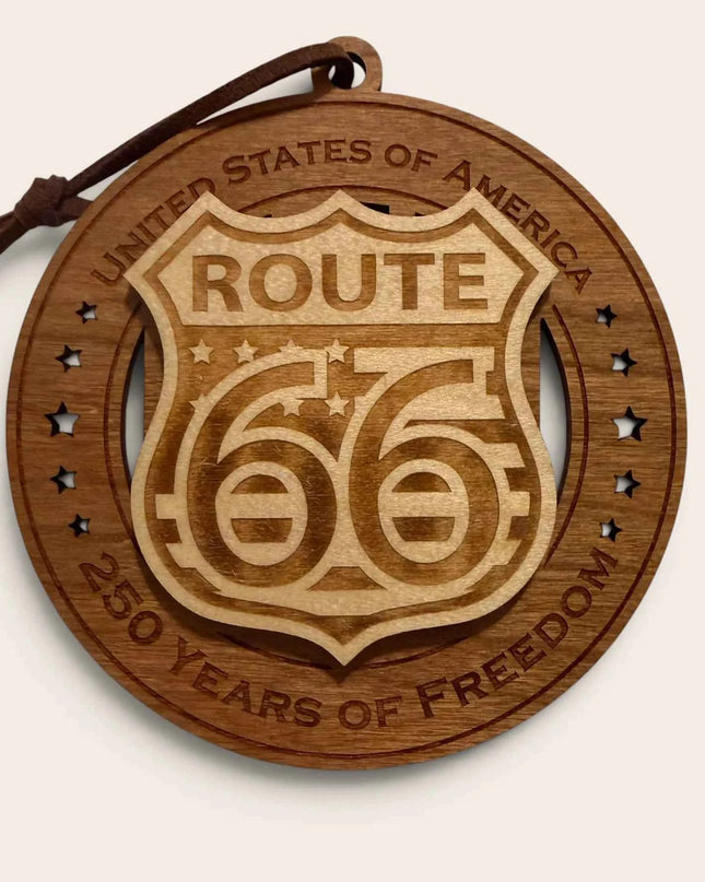Front view of Route 66 250 Years of Freedom laser cut wood ornament with iconic highway shield design