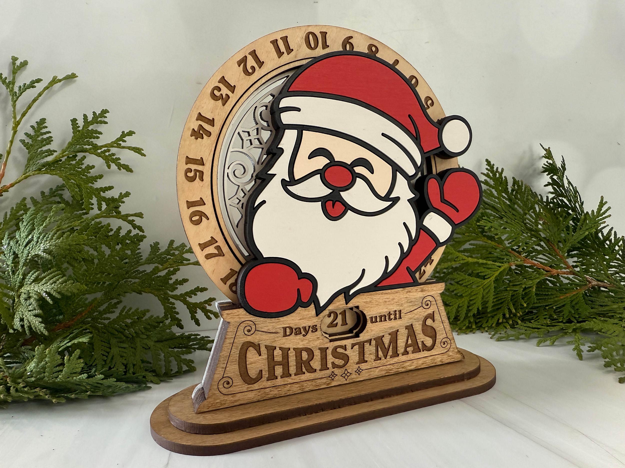 Hand-painted wooden Santa Christmas countdown decoration with engraved details