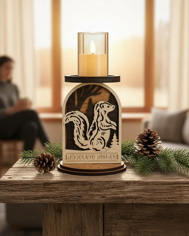 Layered wood woodland skunk candle holder with LED candle lit on a rustic wood table in a warm living room with window light