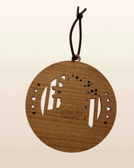Back of Statue of Liberty USA 250th anniversary wood ornament showing cherry plywood layer and Cactus Air Designs branding
