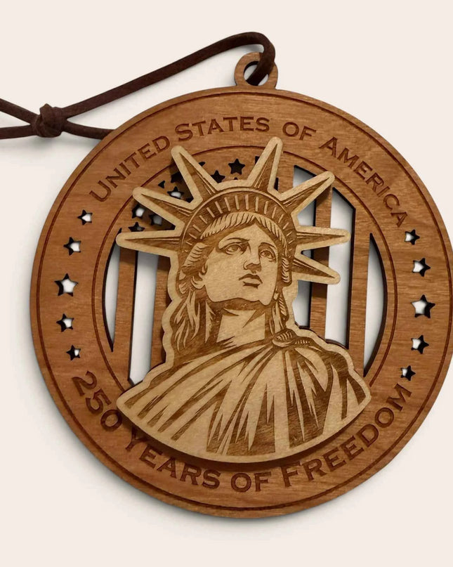  Front view of Statue of Liberty 250 Years of Freedom laser cut wood ornament with brown leather hanging cord