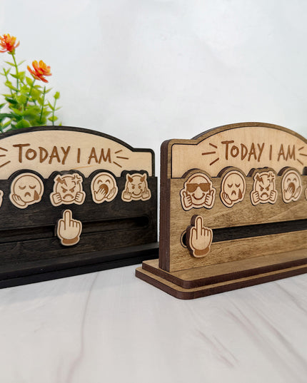Front view of two laser engraved wood Today I Am mood boards with sliding emoji pointer