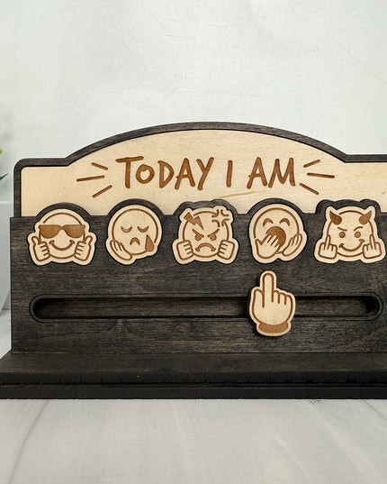 Black Stain Today I Am laser engraved wood mood board with maple accent panel and emoji tiles