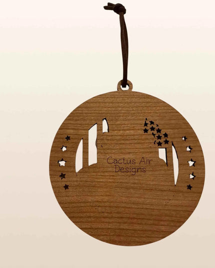 Back of Uncle Sam USA 250th anniversary wood ornament showing cherry plywood layer and Cactus Air Designs branding

