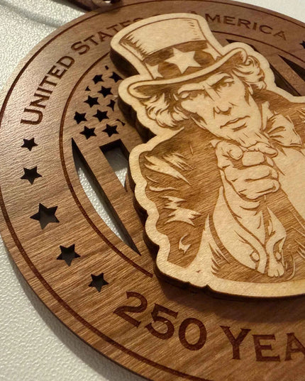 Front view of Uncle Sam 250 Years of Freedom laser cut wood ornament with Uncle Sam pointing finger design
