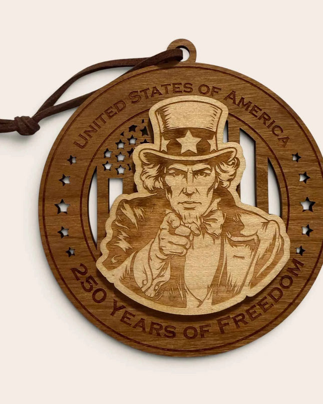 Front view of Uncle Sam 250 Years of Freedom laser cut wood ornament with Uncle Sam pointing finger design