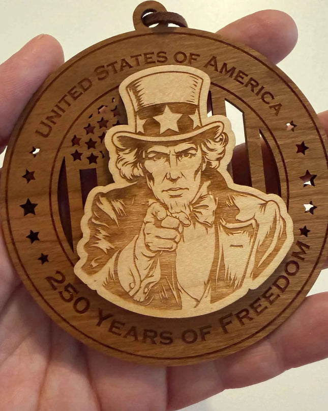 Scale view of Uncle Sam 250 Years of Freedom laser cut wood ornament with Uncle Sam pointing finger design
