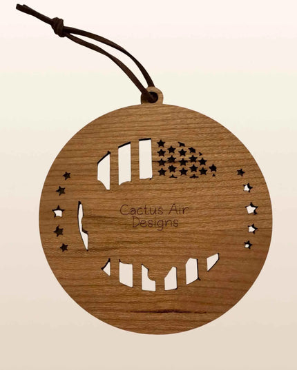 Back of USA Map USA 250th anniversary wood ornament showing cherry plywood layer and Cactus Air Designs branding
