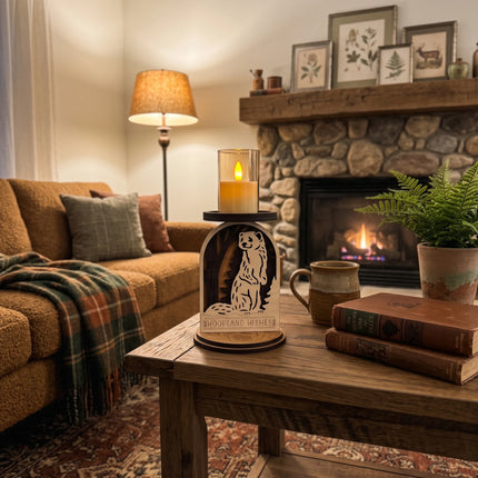 Layered wood woodland weasel candle holder with LED candle glowing on a rustic wood table with lit fireplace in background