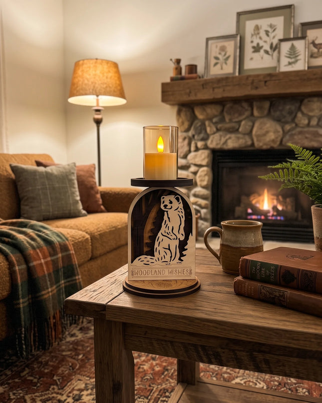 Layered wood woodland weasel candle holder with LED candle glowing on a rustic wood table with lit fireplace in background