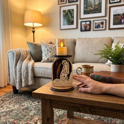 Hand reaching toward layered wood woodland weasel candle holder on a coffee table showing size scale in a living room setting