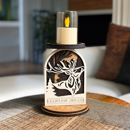 Decorative candle holder with a deer design on a wooden base, featuring a LED candle on top.